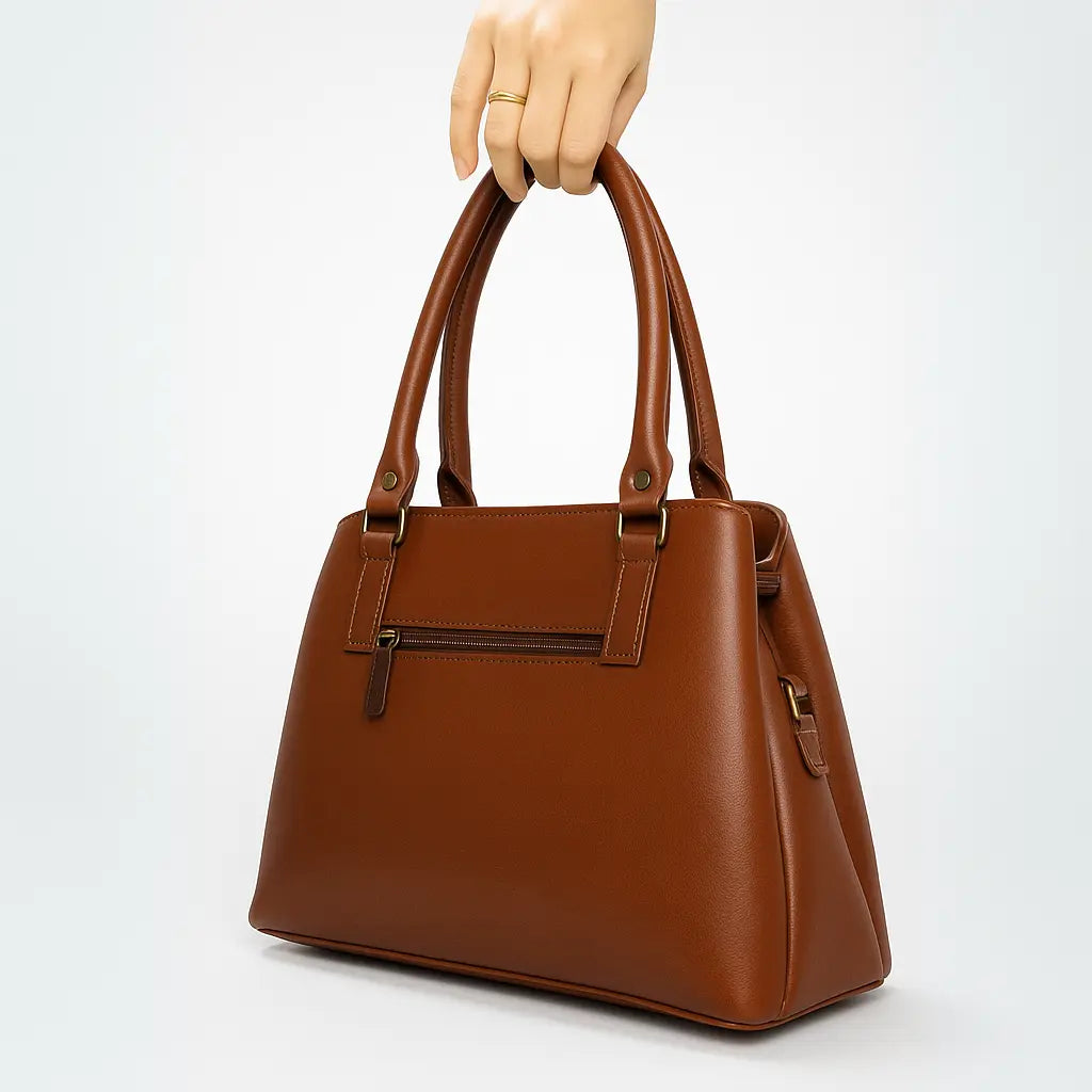 Brown Dome Handbag with Geometric Stitching