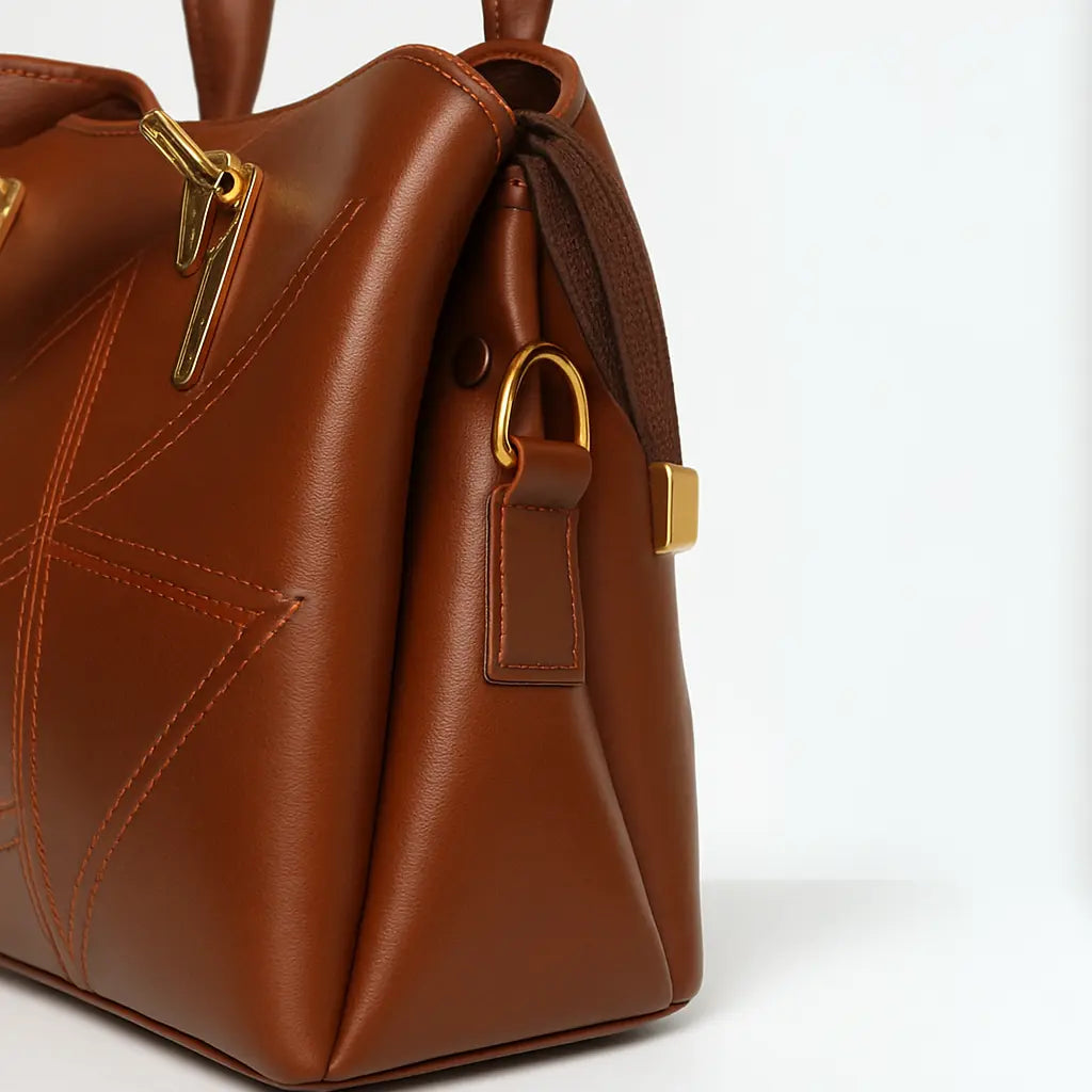 Brown Dome Handbag with Geometric Stitching