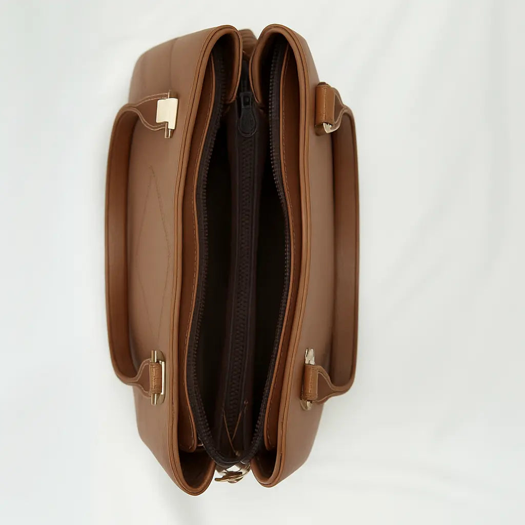 Brown Dome Handbag with Geometric Stitching