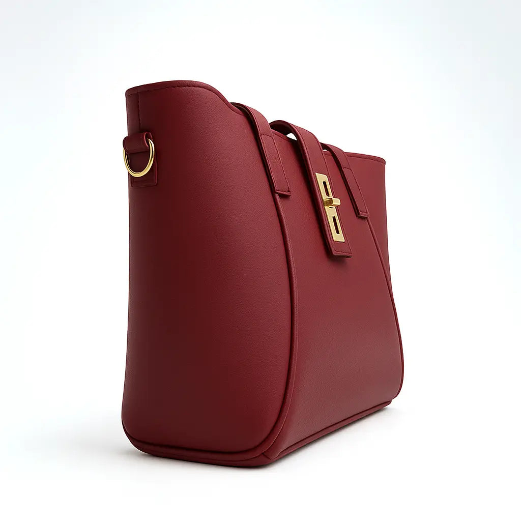 Mehroon Structured Handbag with Gold Lock & Strap