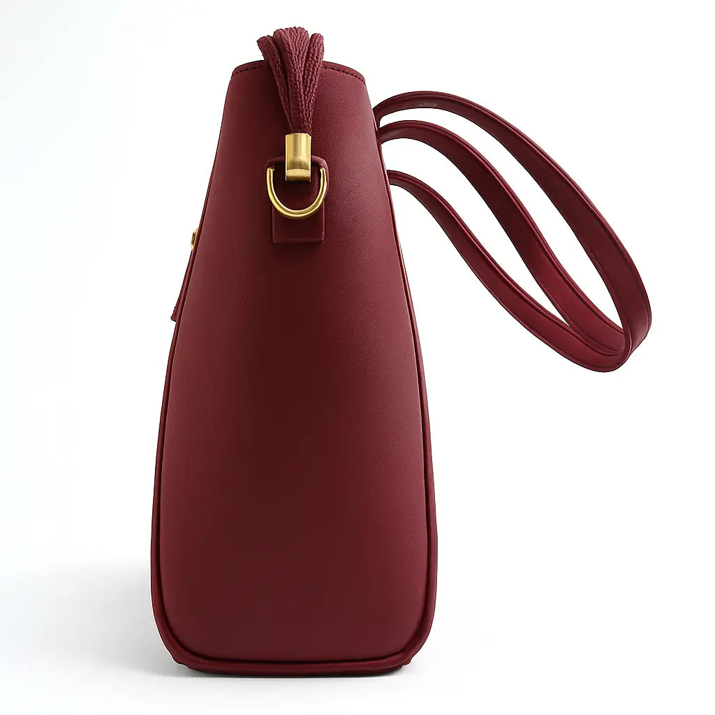 Mehroon Structured Handbag with Gold Lock & Strap