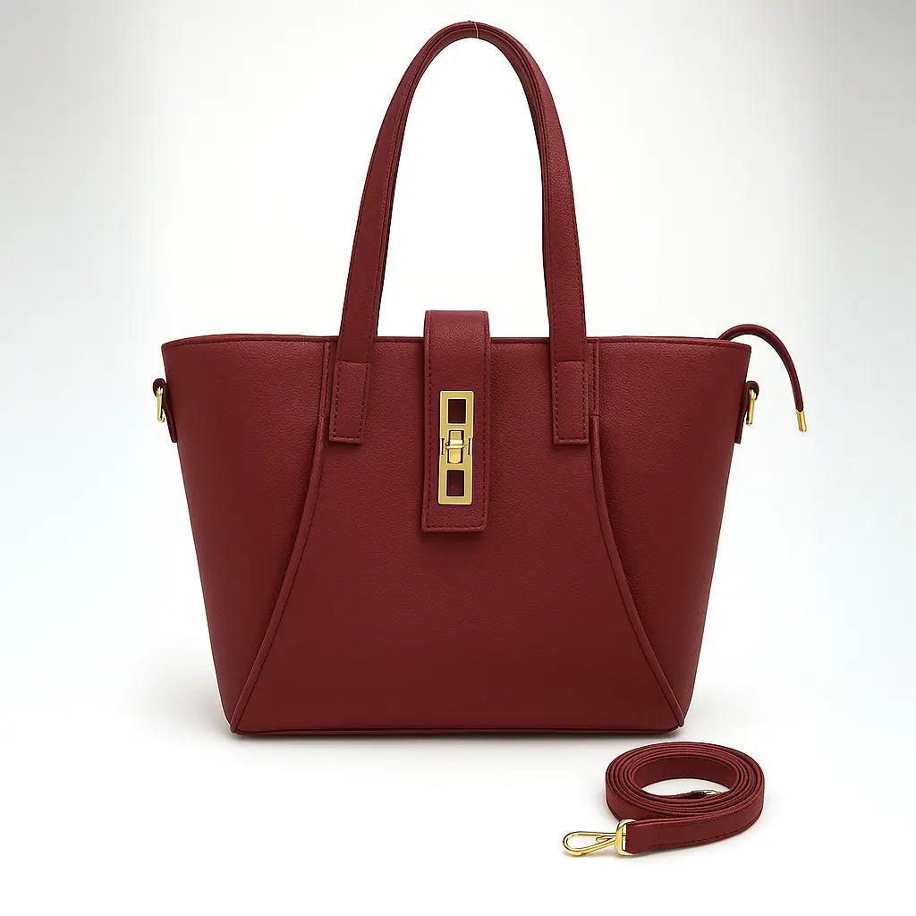 Mehroon Structured Handbag with Gold Lock & Strap