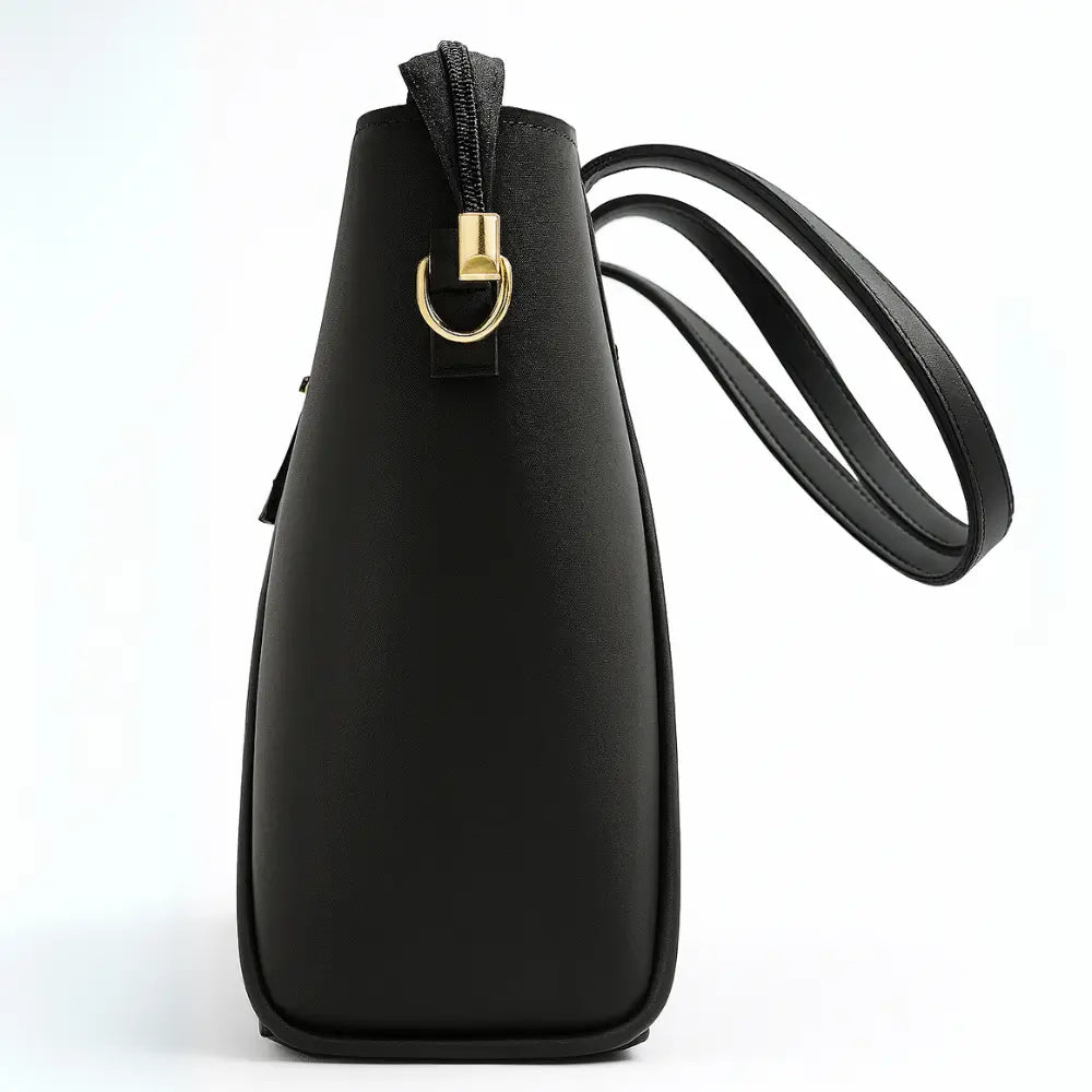 Black Structured Handbag with Gold Lock & Strap