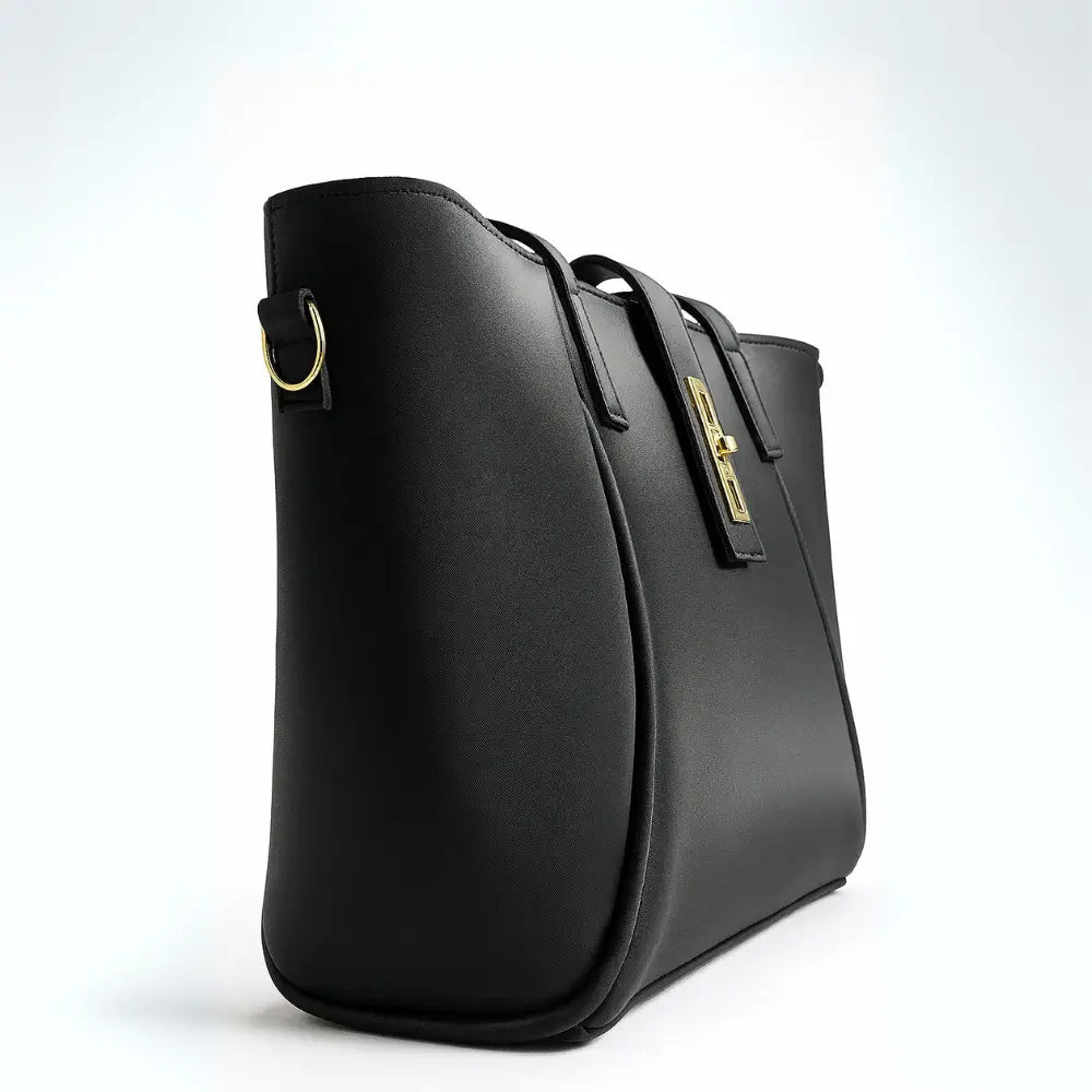 Black Structured Handbag with Gold Lock & Strap