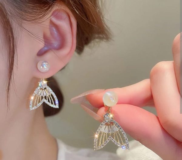 Golden Fishtail Pearl Stud Earrings for Women