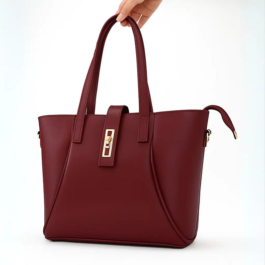 Mehroon Structured Handbag with Gold Lock & Strap