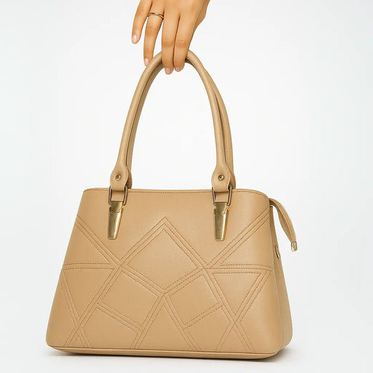 Beige Dome Handbag with Geometric Stitching