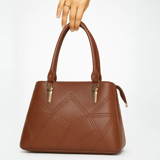 Brown Dome Handbag with Geometric Stitching