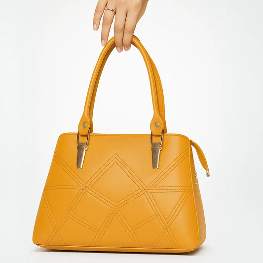 Mustard Dome Handbag with Geometric Stitching