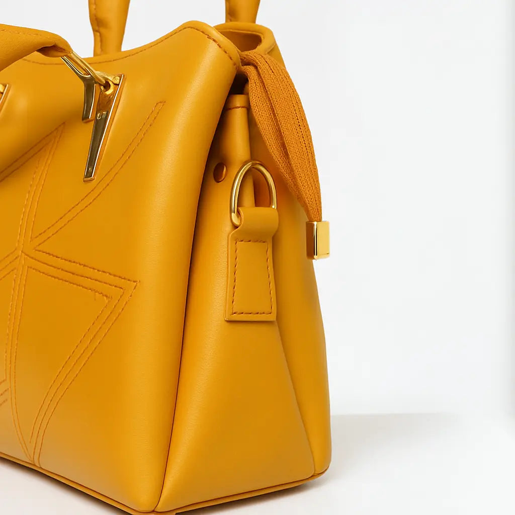 Mustard Dome Handbag with Geometric Stitching