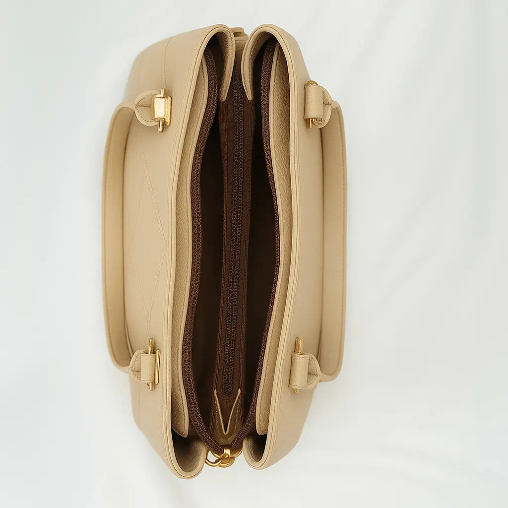 Beige Dome Handbag with Geometric Stitching