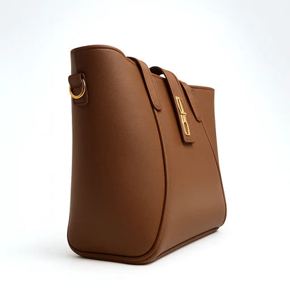 Brown Structured Handbag with Gold Lock & Strap
