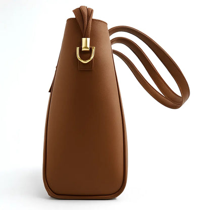Brown Structured Handbag with Gold Lock & Strap