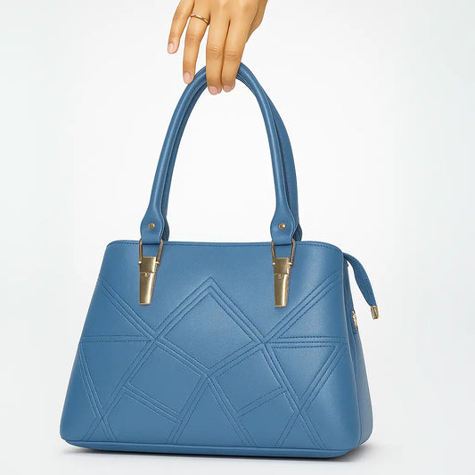 Blue Dome Handbag with Geometric Stitching