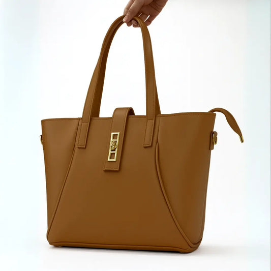 Brown Structured Handbag with Gold Lock & Strap
