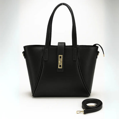 Black Structured Handbag with Gold Lock & Strap