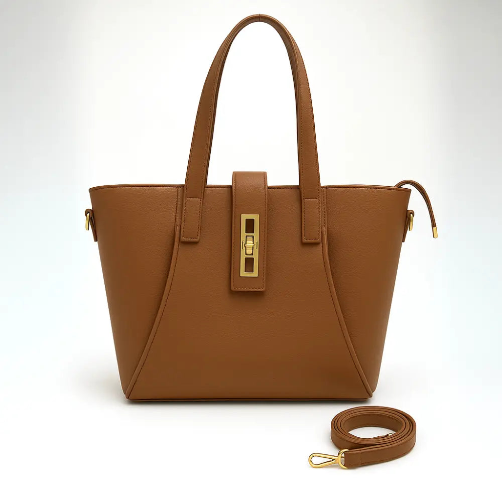 Brown Structured Handbag with Gold Lock & Strap