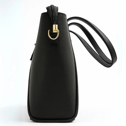 Black Structured Handbag with Gold Lock & Strap