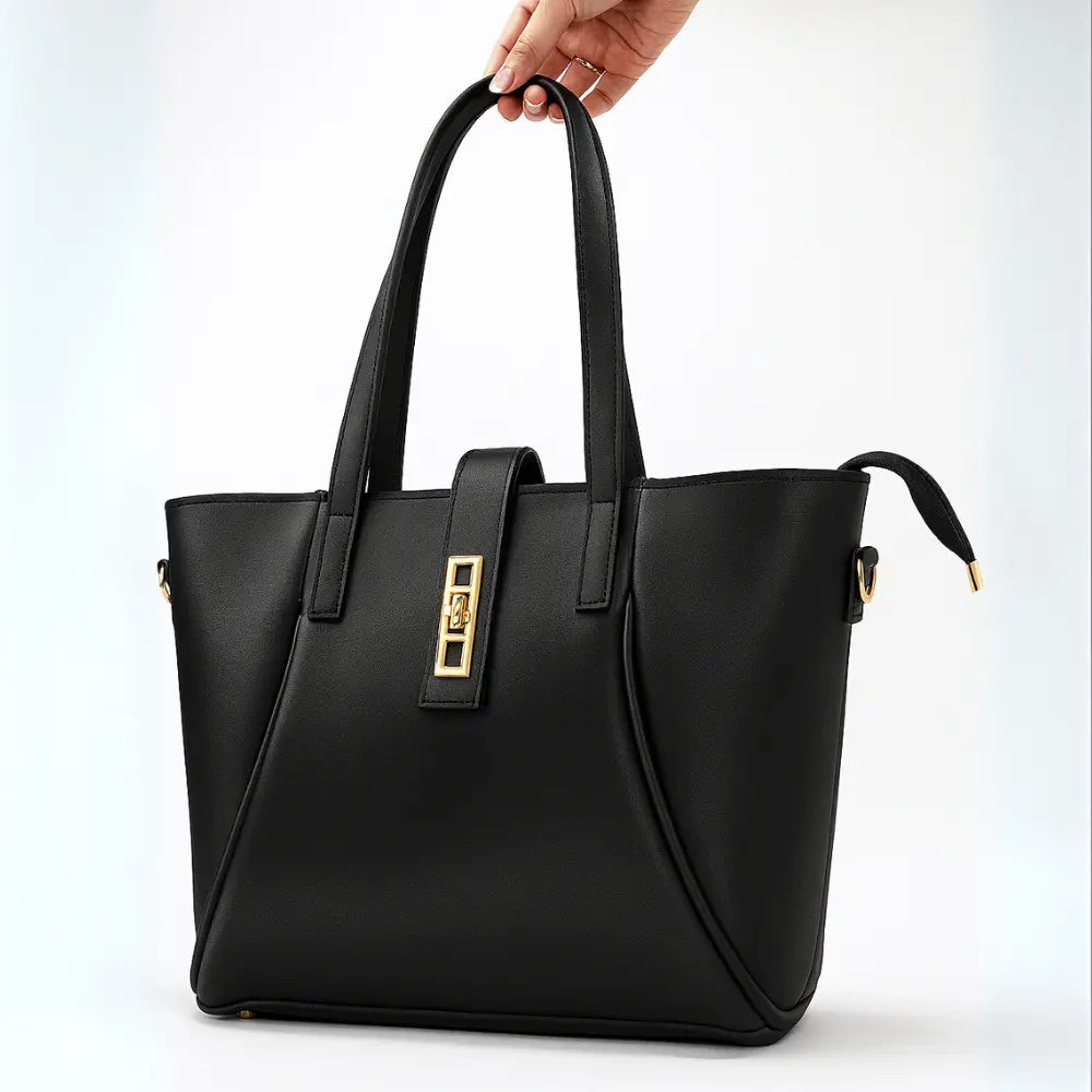 Black Structured Handbag with Gold Lock & Strap