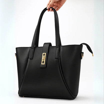 Black Structured Handbag with Gold Lock & Strap