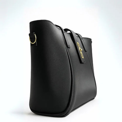 Black Structured Handbag with Gold Lock & Strap