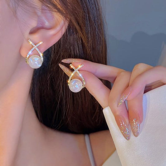 Golden Cross Pearl Zircon Stud Earrings for Women