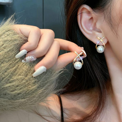 Golden Cross Pearl Zircon Stud Earrings for Women