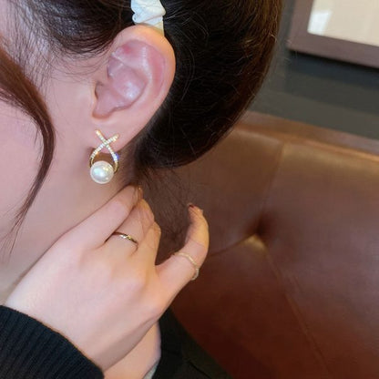 Golden Cross Pearl Zircon Stud Earrings for Women