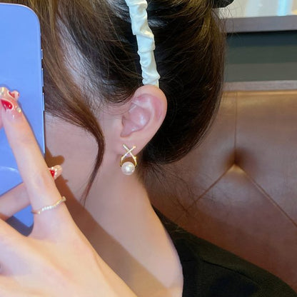 Golden Cross Pearl Zircon Stud Earrings for Women