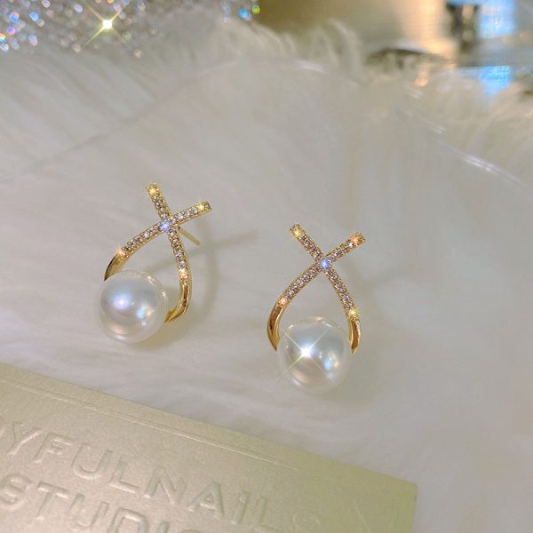 Golden Cross Pearl Zircon Stud Earrings for Women