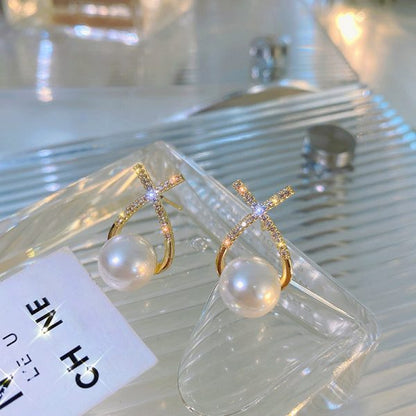 Golden Cross Pearl Zircon Stud Earrings for Women