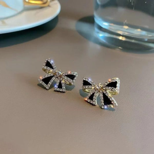 Elegant Zircon Black Bow Stud Earrings for Women