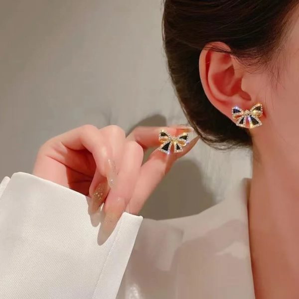 Elegant Zircon Black Bow Stud Earrings for Women
