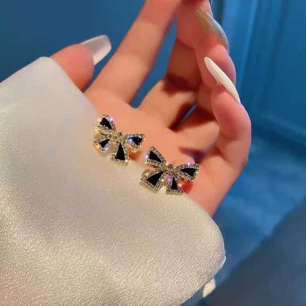 Elegant Zircon Black Bow Stud Earrings for Women