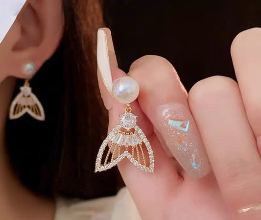Golden Fishtail Pearl Stud Earrings for Women