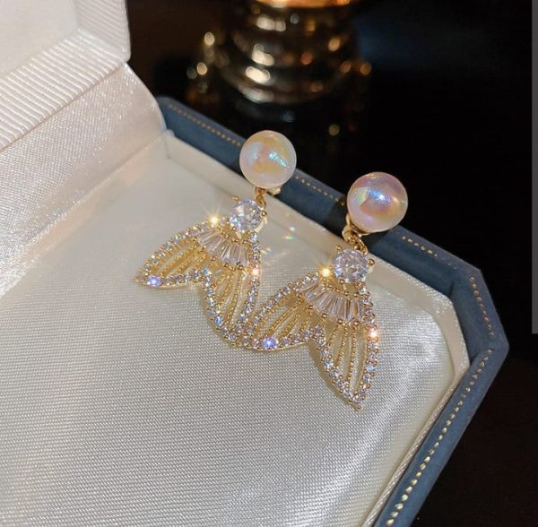 Golden Fishtail Pearl Stud Earrings for Women
