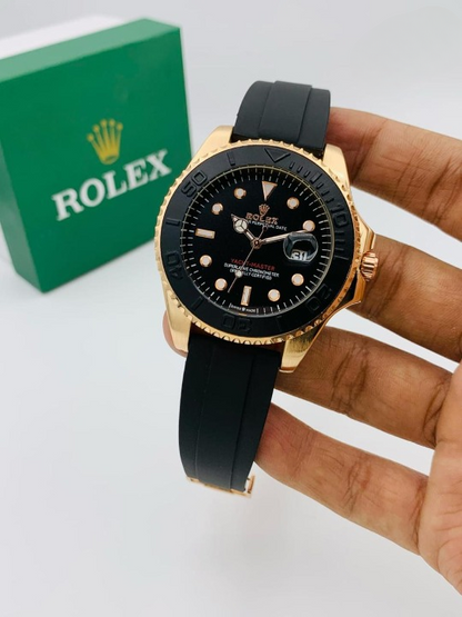 Golden Rolex-Style Men’s Watch | Rubber Strap | Heavy Lock