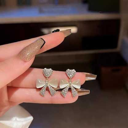 Golden Heart Bow Zircon Stud Earrings for Women
