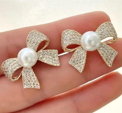 Zircon Pearl Bow Stud Earrings for Women