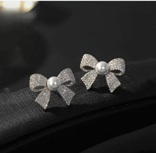 Zircon Pearl Bow Stud Earrings for Women