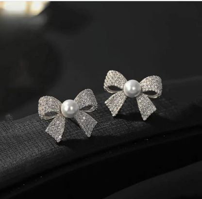 Zircon Pearl Bow Stud Earrings for Women