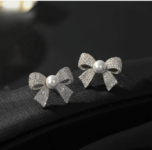 Zircon Pearl Bow Stud Earrings for Women