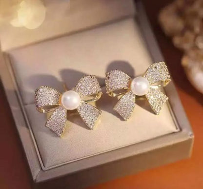 Zircon Pearl Bow Stud Earrings for Women