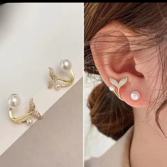 Golden Fishtail Pearl Butterfly Stud Earrings