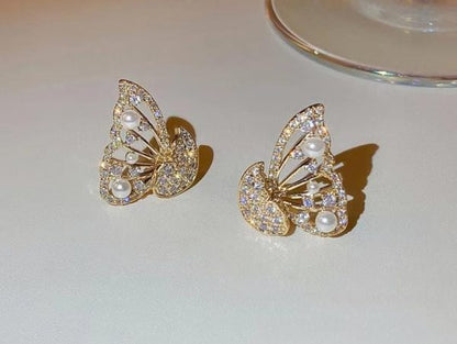 Butterfly Zircon Pearl Stud Earrings for Women