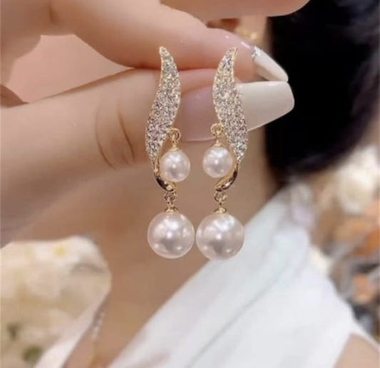 S Shape Pearl Zircon Drop Earrings for Women