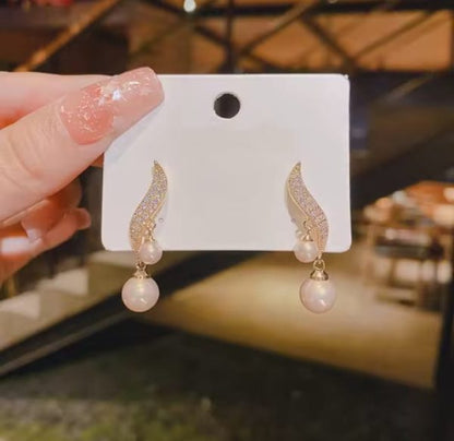 S Shape Pearl Zircon Drop Earrings for Women