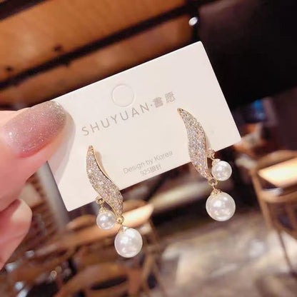 S Shape Pearl Zircon Drop Earrings for Women