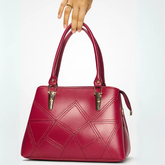 Maroon Dome Handbag with Geometric Stitching